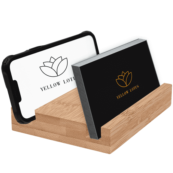 Yellow Lotus Bamboo Business Card Holder, 4.5 x 3.5 Inch, Brown, 2-Slot Countertop Visiting Card Display Stand for Office or Desktop