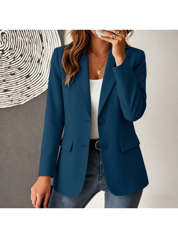 Business Casual Blazer For Women, Solid Color Long Sleeve Lapel Suit Jacket, Professional Work Office Coat With Pockets, Elegant Womens Tops Navy S