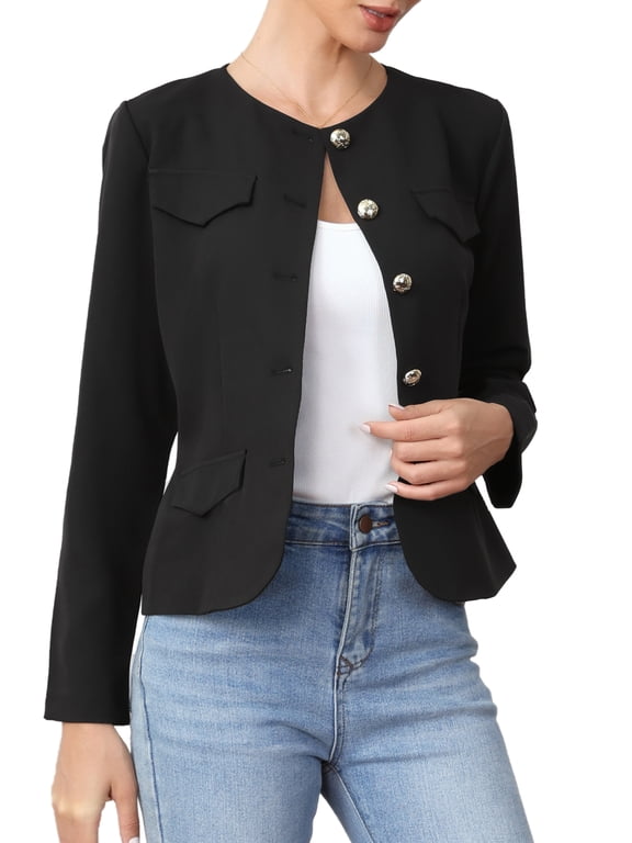 Business Casual Blazer Jackets for Women Long Sleeve Collarless Button Down Office Work Suit Jacket XS Black