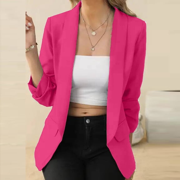 Business Casual Blazer for Women Suit Jackets Dressy Long Sleeve Open Front Work Office Blazer Lapel Button Jacket Hot Pink XL