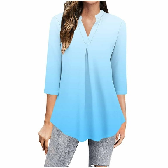 Business Casual Blouses Womens 3/4 Sleeve Gradient Loose Tops Fashion Work Dressy Flowy Shirts Pullover, Light Blue L
