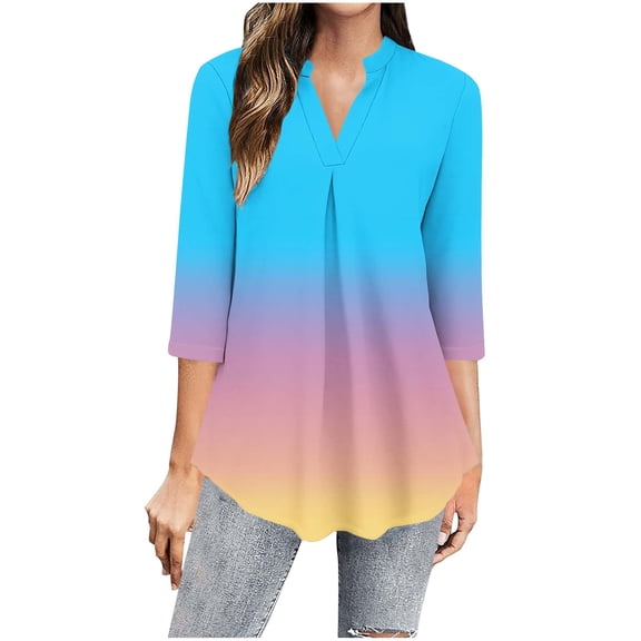 Business Casual Blouses Womens 3/4 Sleeve Gradient Loose Tops Fashion Work Dressy Flowy Shirts Pullover, Sky Blue L