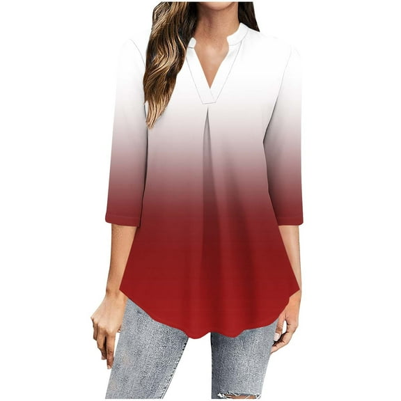 Business Casual Blouses Womens 3/4 Sleeve Gradient Loose Tops Fashion Work Dressy Flowy Shirts Pullover, White L
