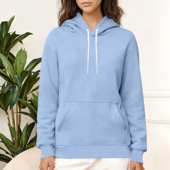 Business Casual Blouses for Women New Fashion Women's Casual Solid Long Sleeve Hooded Sweatshirt Drawing Pocket Tops Blouse Style B-22 Light Blue XXL