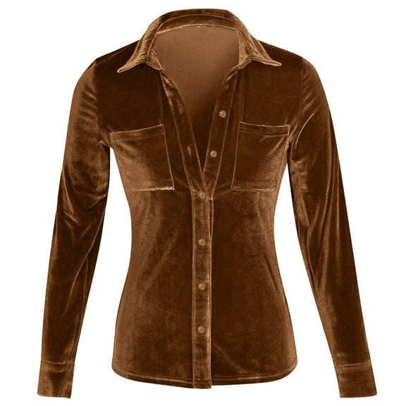 Business Casual Button Down Lapel Pockets Long Sleeve Womens Athletic Tops,Coffee,L