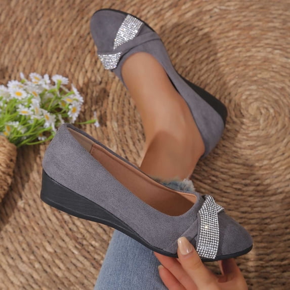 Business Casual Comfortable Daily Commute Shoes for Women Shallow Cut Rhinestone Plus Size Spring Summer Gray 5.5