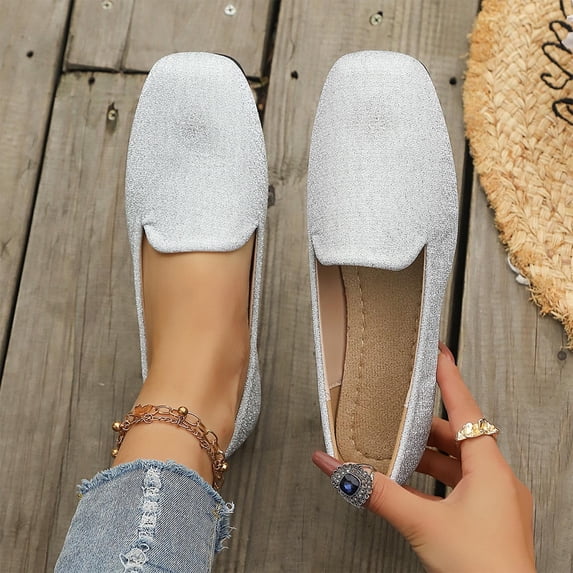 Business Casual Comfortable Daily Commute Shoes for Women Square Toe Shallow Cut Plus Size Spring Summer Silver 9.5