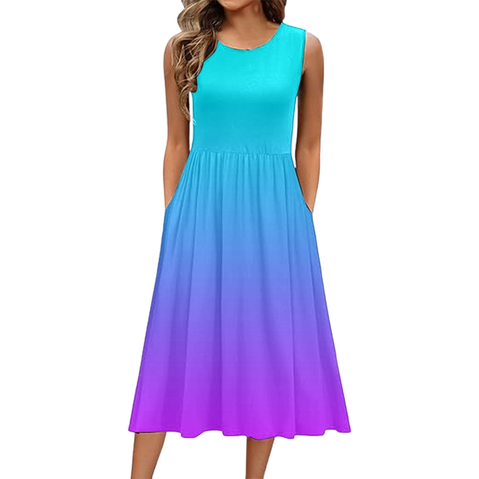 Business Casual Dress Ladies Casual Gradient Print Sleeveless Pocket ...