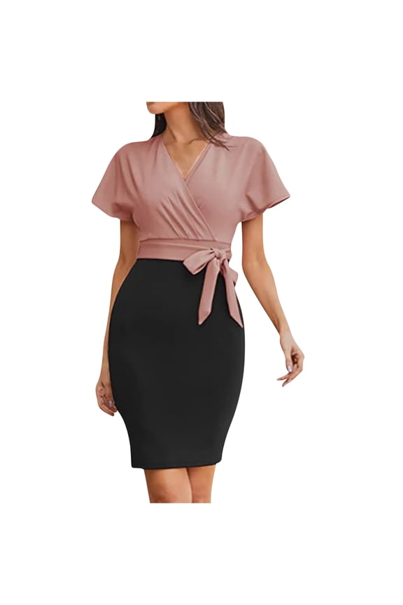 Business Casual Dress for Women Elegant Short Sleeve Wrap V Neck Tie Front Colorblock Basic Fitted Pencil Dress (L, Pink)