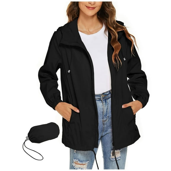 Business Casual Jackets for Women New Womens Waterproof Raincoat Lightweight Breathable Rain Jacket Hooded Outdoor Active Windbreaker with Pocket Black XL