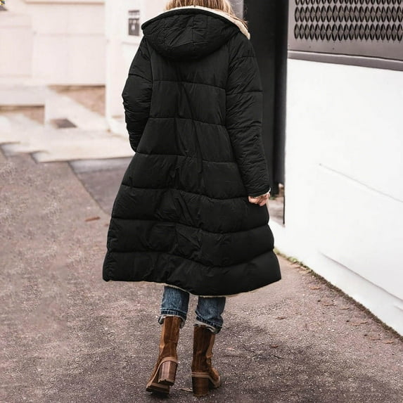 Business Casual Jackets for Women New Women Winter Long Fleece Lined Coat Warm Quilted Plus Size Long Sleeve Hooded Jacket with Pocket Black 3XL