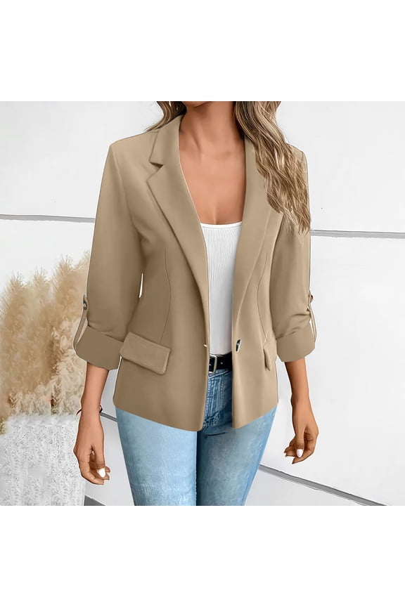 Business Casual Lightweight Suit Open Front Cardigan Jacket Dress Jackets for Women Suit Jackets Dressy,Khaki,L