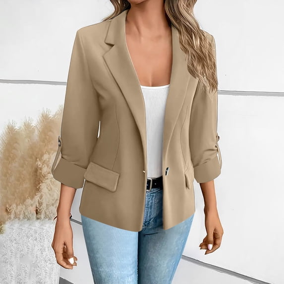Business Casual Lightweight Suit Open Front Cardigan Jacket Dress Jackets for Women Suit Jackets Dressy,Khaki,L