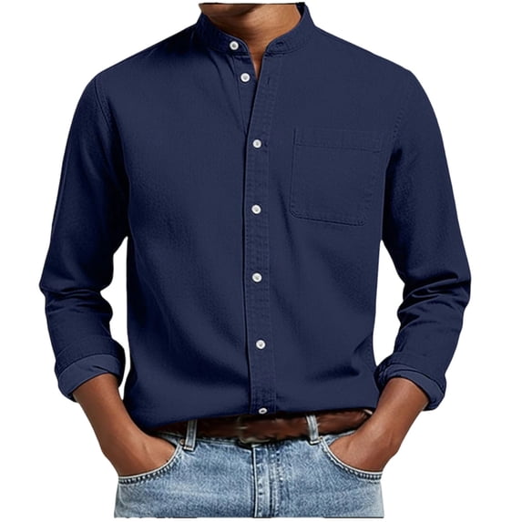 Business Casual Mens Shirts Henley Button Standing Collar Long Sleeve Golf Tops with Pocket Fathers Day Gift