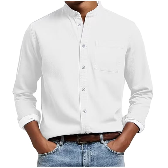 Business Casual Mens Shirts Henley Button Standing Collar Long Sleeve Golf Tops with Pocket Fathers Day Gift