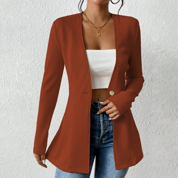 Business Casual Mid Length Jackets for Women Work Office Long Sleeve One Button Business Waistline Blazer Fall Fashion Fitted Solid Color Outwear