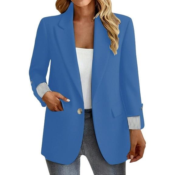 Business Casual Outfits for Women, Yigetop Women's Fashion Casual Button Business Slim Fit Three Quarter Sleeve Rolled Edge Womens Blazers for Work Casual Blue 2XL