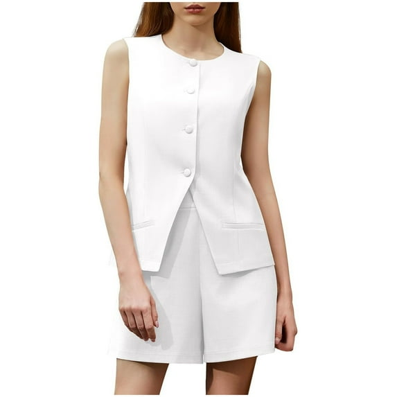 Business Casual Outfits for Women Fashion Leisure Sleeveless Solid Color Blazer and Shorts Dressy 2Pcs Set