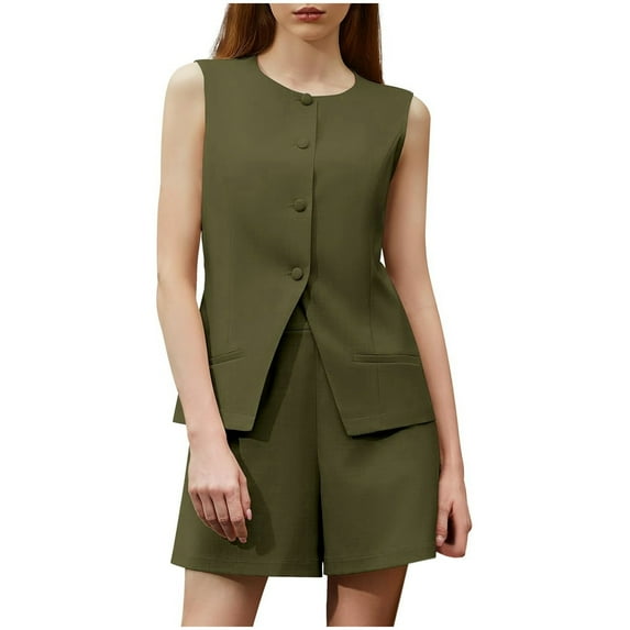 Business Casual Outfits for Women Fashion Leisure Sleeveless Solid Color Blazer and Shorts Dressy 2Pcs Set