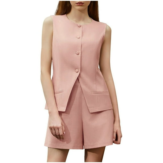 Business Casual Outfits for Women Fashion Leisure Sleeveless Solid Color Blazer and Shorts Dressy 2Pcs Set