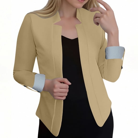 Business Casual Outfits for Women Suit Blazer Jacket Rolled Long Sleeve Notched Dressy Cardigan Work Office Wear (L, Khaki)