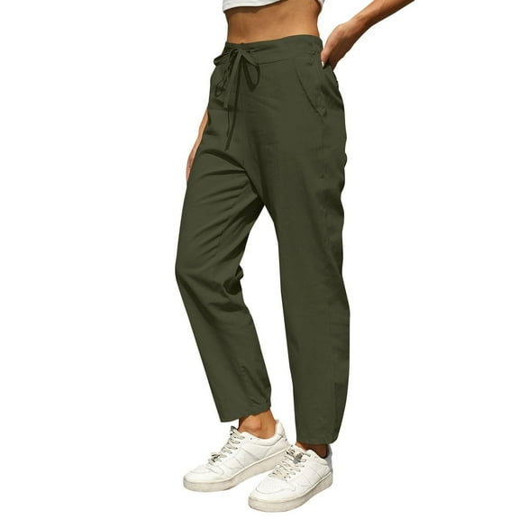 Business Casual Pants for Women Under 20$ - Army Green Women's Casual Pants Hontri Linen Pants for Women Summer Casual High Waisted Drawstring Lightweight Beach Pant with Pockets