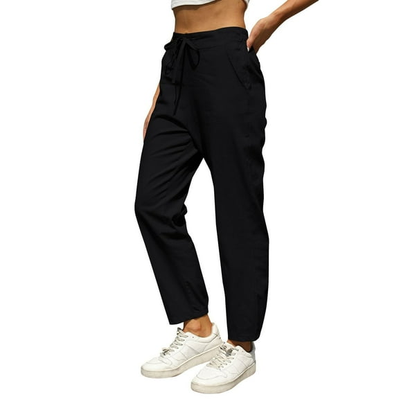 Business Casual Pants for Women Under 20$ - Black Women's Casual Pants Hontri Linen Pants for Women Summer Casual High Waisted Drawstring Lightweight Beach Pant with Pockets