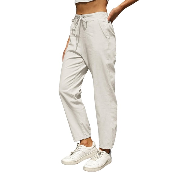 Business Casual Pants for Women Under 20$ - White Women's Casual Pants Hontri Linen Pants for Women Summer Casual High Waisted Drawstring Lightweight Beach Pant with Pockets