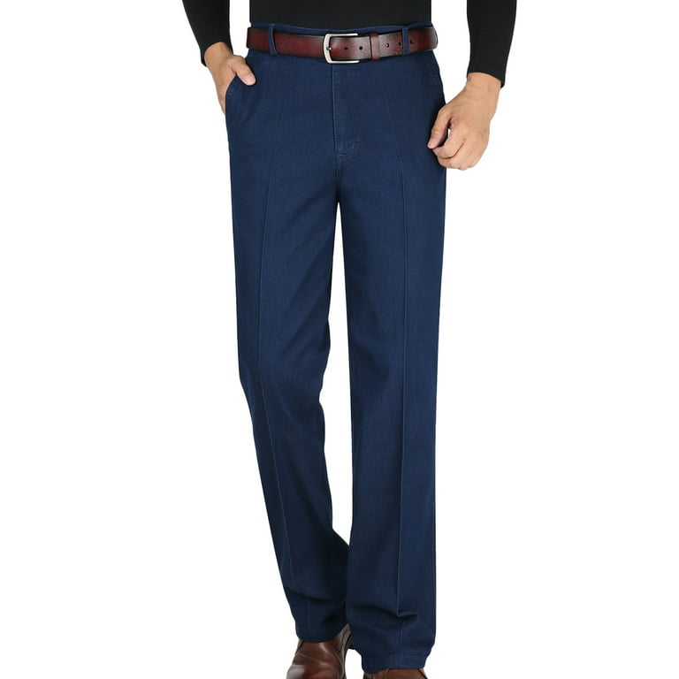 Business Casual Pants for Men Denim Dress Pants Flat-Front Suit Work Pants  Slacks Classic Fit Jeans Elastic Trousers