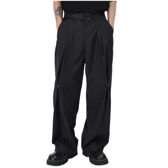 Business Casual Pants for Men Solid Pleated Dressy Trousers for Work Office Straight Wide Leg Pants with Pockets