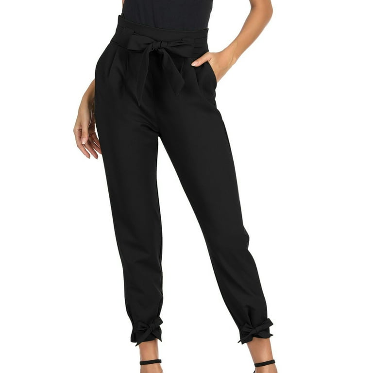 Business Casual Pants for Women High Waisted Bow Belted Suit Pants Office Ladies  Work Pants Trousers Solid Color (X-Large, Black) 