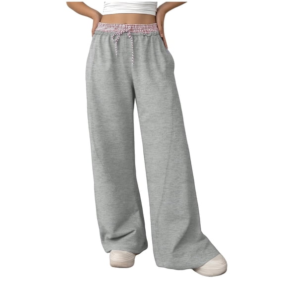 Business Casual Pants for Women, Women's Chic Plaid Patchwork Straight Sweatpants Comfy Elastic High Waisted Loose Lounge Pants with Pockets