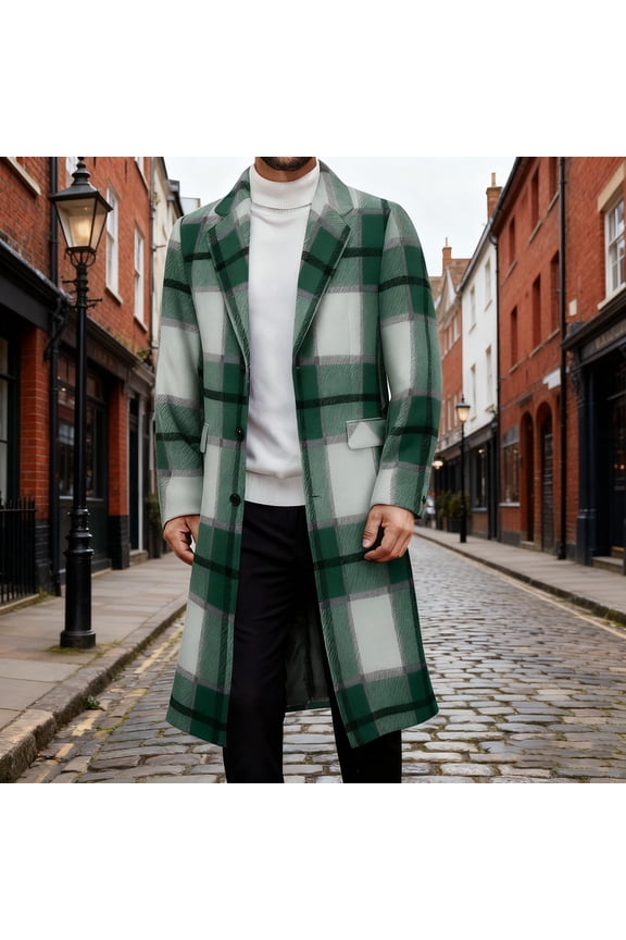 Business Casual Peacoats for Men with Pockets Long Length Woolen Jackets Mens Trendy Plaid Printed Long Sleeve Button-Down Collared Work Trench Coat