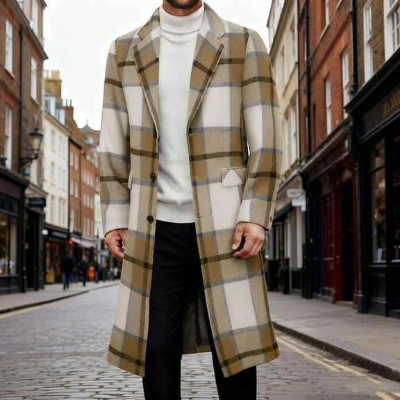 Business Casual Peacoats for Men with Pockets Long Length Woolen Jackets Mens Trendy Plaid Printed Long Sleeve Button-Down Collared Work Trench Coat