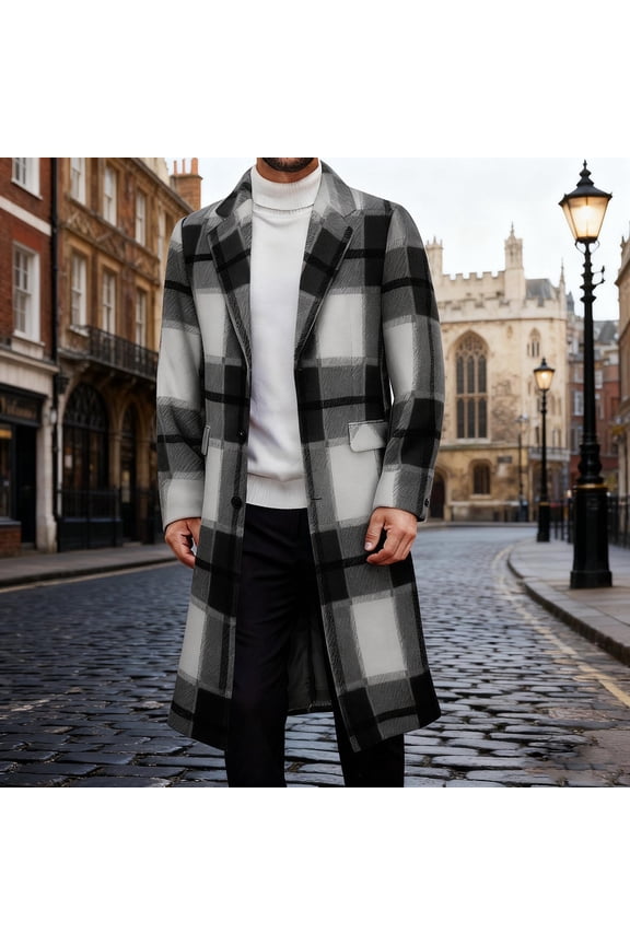 Business Casual Peacoats for Men with Pockets Long Length Woolen Jackets Mens Trendy Plaid Printed Long Sleeve Button-Down Collared Work Trench Coat