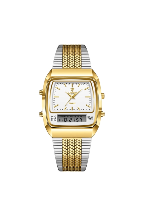 Business Casual Quartz Watch Analog Digital Stainless Steel Mesh Strap Waterproof Electronic Wrist Watch Dual Display Time Date Alarm Stopwatch Multifunction Office Wear Fashion Accessory
