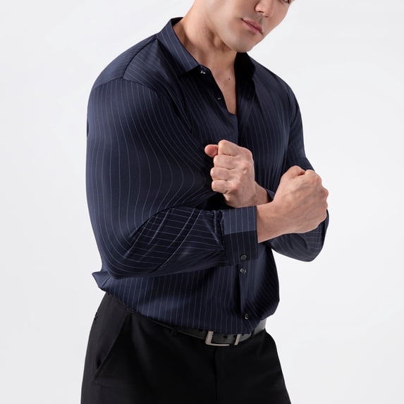 Business Casual Shirts for Men Button-Down Long Sleeve Tshirts with Collared Stretchy Slim Wrinkle-Free Stripe Printed Lapel Office Work Tops
