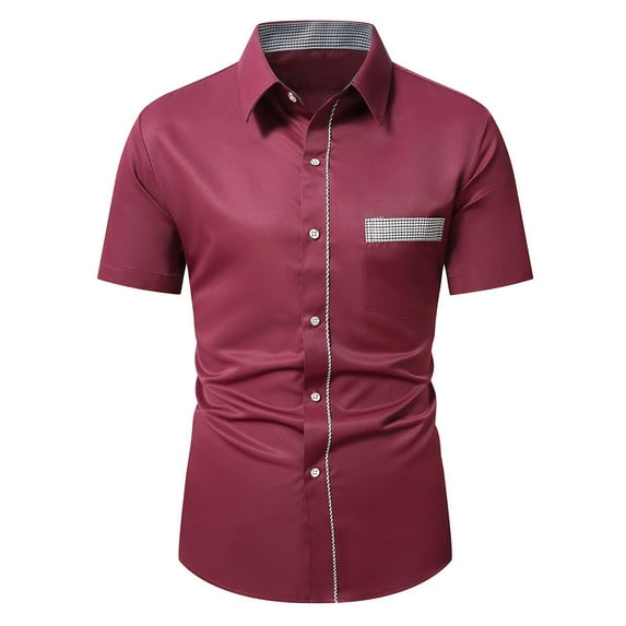 Business Casual Shirts for Men with Pocket Short Sleeve Tshirts Shirt Mens Plaid Printed Button-Down Collared Breathable Slim Office Work Tees Tops