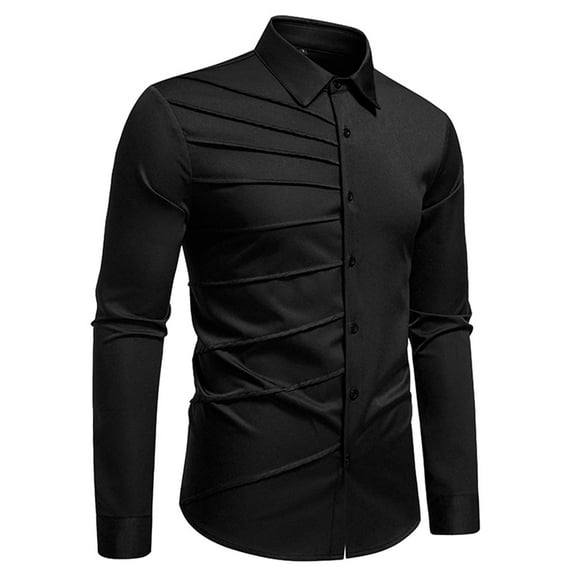 Business Casual Shirts for Mens Long Sleeve Button-Down Collared Dress Tshirts Shirt Mens Trendy Solid Color Slim-Fit Pleated Lapel Work Tops