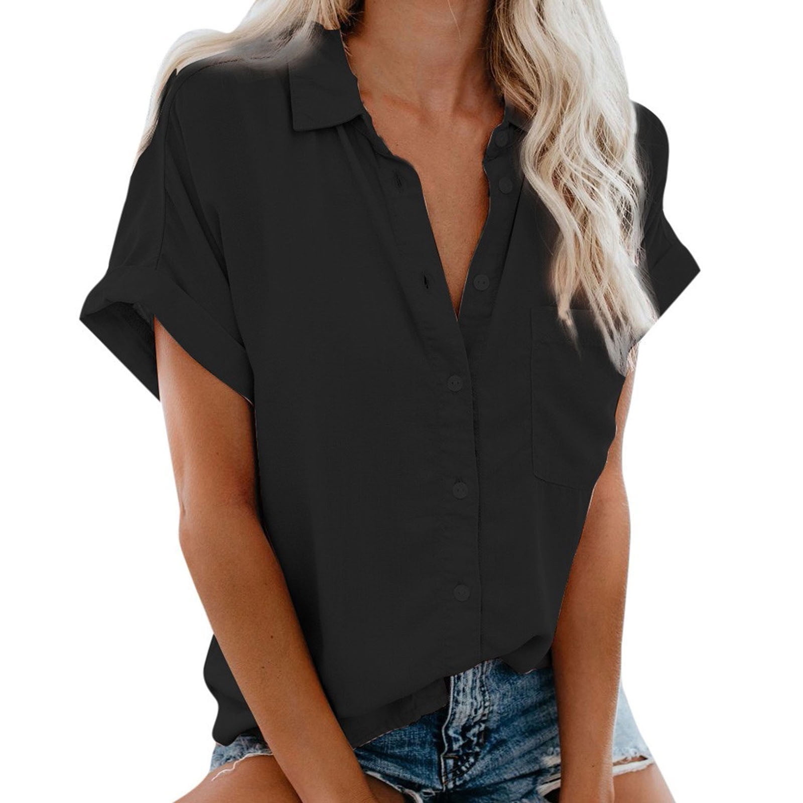 Business Casual Shirts for Women Button Lapel Short Sleeve