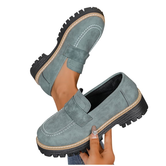 Business Casual Shoes Women's Fashion Casual Frosted Round Head Thick Heel Thick Bottom Loafers Mid Heel Shoes Women Chunky Solid Color Slip-On Loafers Classic Round Toe Formal Work Shoes