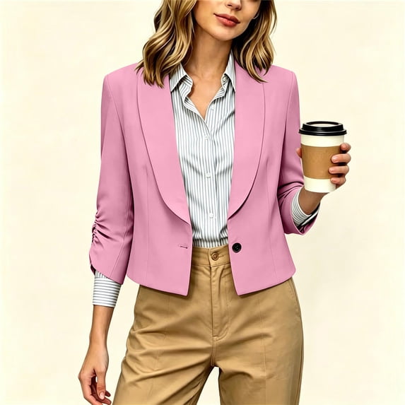 Business Casual Short Jacket For Women, 3/4 Sleeve Lapel Open Front Blazer With Pockets, Solid Color Cropped Suit Jacket, Professional Work Office Top Pink S