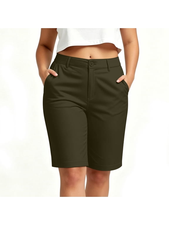 Business Casual Shorts, Women's Solid Color Work Shorts with Pockets Tailored Dress Shorts for Office Commute Professional Gatherings Casual Fridays Army Green XXL