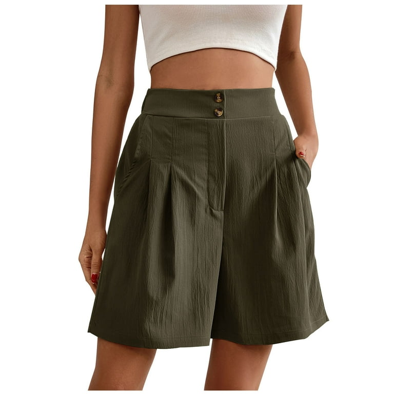 Business Casual Shorts for Women Wide Leg High Waisted Formal Shorts Ladies Office Work Suit Shorts Solid Color Large Army Green