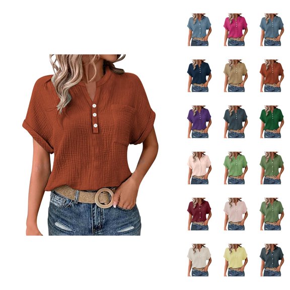 Business Casual T Shirts for Women 2025 Short Sleeve Button Down Collared Plain Tshirt Blouse Womens T Shirts