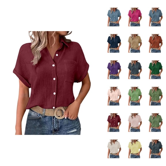 Business Casual T Shirts for Women 2025 Short Sleeve Button Down Collared Plain Tshirt Blouse Womens T Shirts