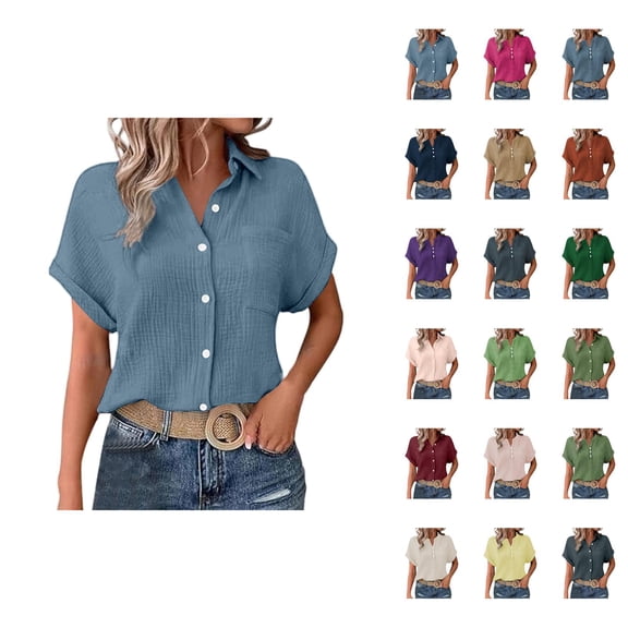 Business Casual T Shirts for Women 2025 Short Sleeve Button Down Collared Plain Tshirt Blouse Womens T Shirts