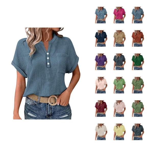 Business Casual T Shirts for Women 2025 Short Sleeve Button Down Collared Plain Tshirt Blouse Womens T Shirts