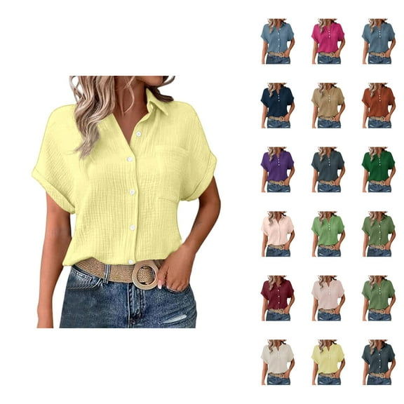 Business Casual T Shirts for Women 2025 Short Sleeve Button Down Collared Plain Tshirt Blouse Womens T Shirts