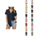thumbnail image 1 of Business Casual T Shirts for Women Short Sleeve Button Down Collared Cotton Linen Casual Loose Plain Tshirt Blouse, 1 of 8